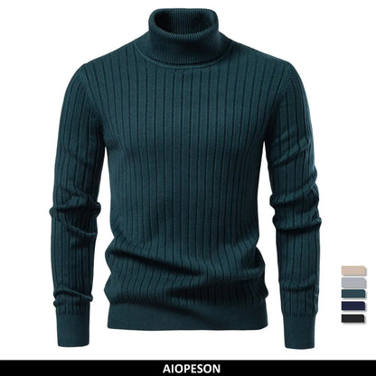 AIOPESON Men's Turtleneck Sweater Solid Color with Striped Pullover Warm Knitwear Winter Basic Casual High Quality Sweater Male.