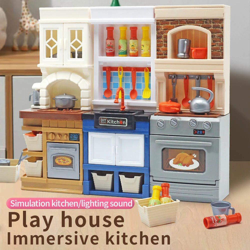 DIY Kid Play House Simulation Kitchen Pretend Toys Kitchenware Lighting and Sounds Cooking Game Set Children Fun Educational Toy.