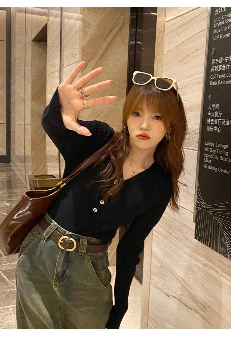 2025 Autumn Winter Women Sweaters Casual Slim Button Knitted Pullover Sweater Femme Basic Solid Jersey Tops Fashion Clothes.