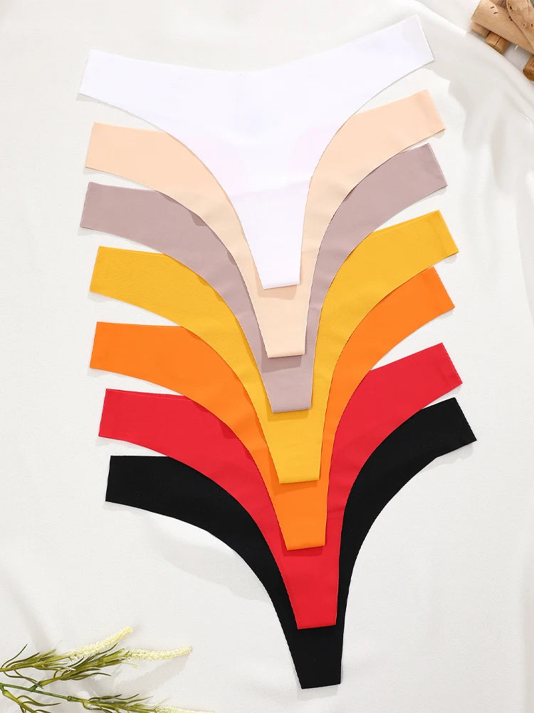 5Pcs Ice Silk Seamless Thongs Women's V-Waist Solid Color Panties Sexy Breathable Low Rise Underwear Invisible Bikini Lingerie.