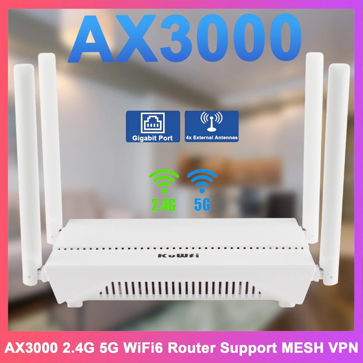 KuWFi AX3000 WiFi6 Router 3000Mbps 2.4GHz 5GHz Dual Band WiFi Router Gigabit WAN LAN Port AP Repeater Mode Support MESH VPN WPS.