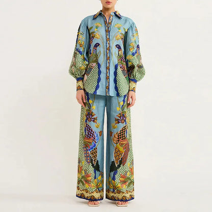 Autumn Women Bohemian Print Lapel Button LongSleeve Shirt+Loose Wide Legs Trousers Set Conjunto Dos Piezas Mujer Elegante Casual.