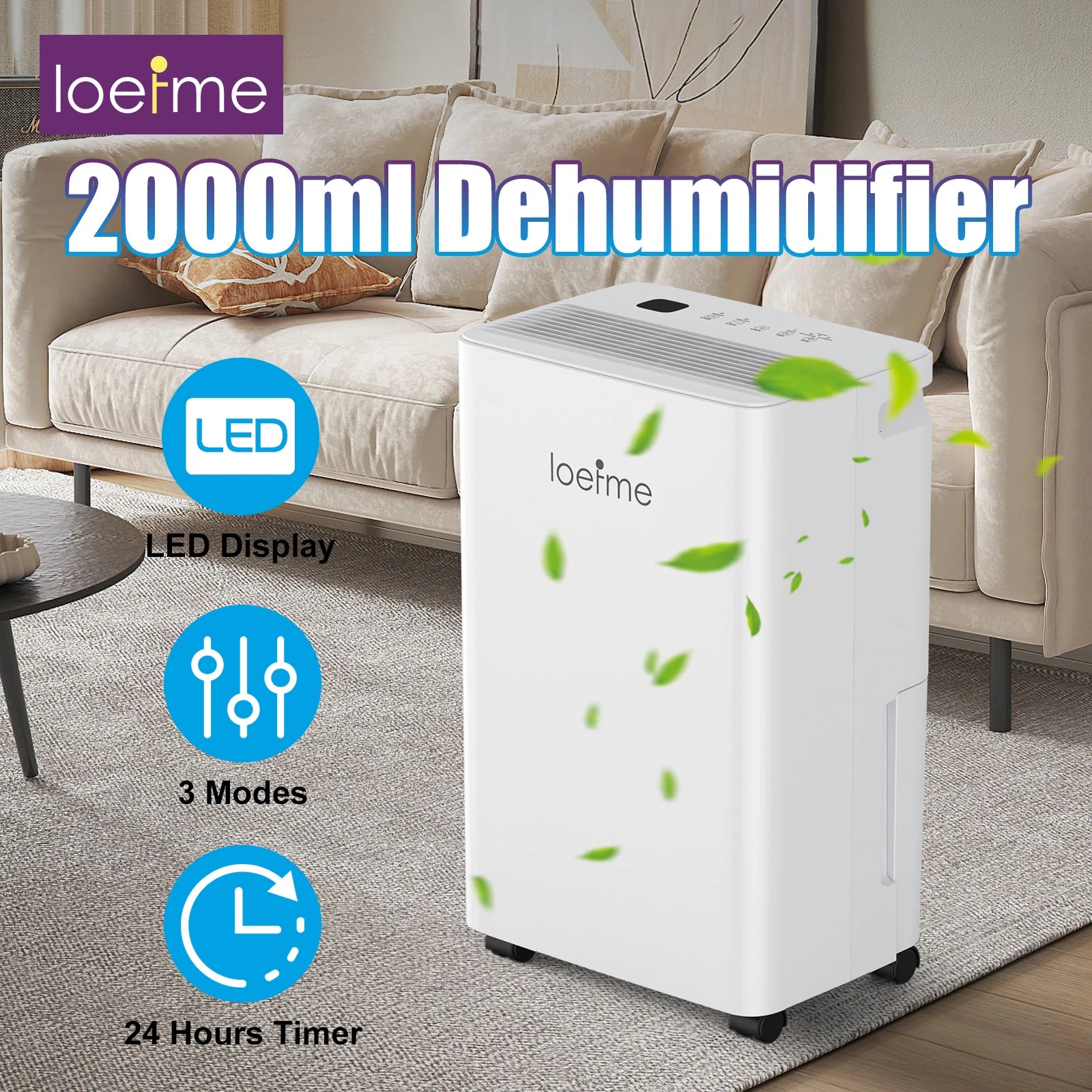 LOEFME 2L Dehumidifier Moisture Absorbers Home Air Dryer Electric Dehumidifier 12L/Day Dehumidification Timer 3 Modes W/ 3M Hose.