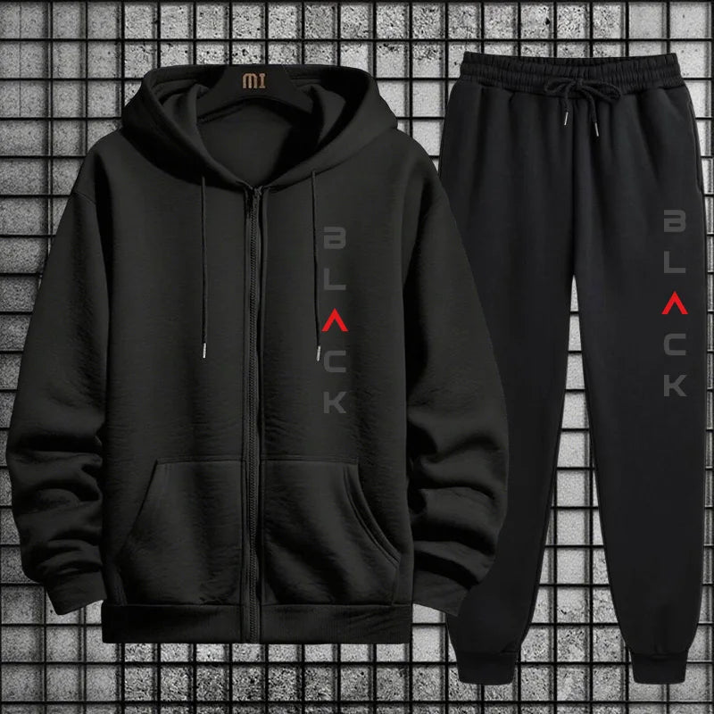 2025 Hot Sale Men 2 Piece Set Zipper Hoodie Streetwear Tracksuit Urban Fashion Outfit Black Letter Print Sweatshirt Sweatpants.