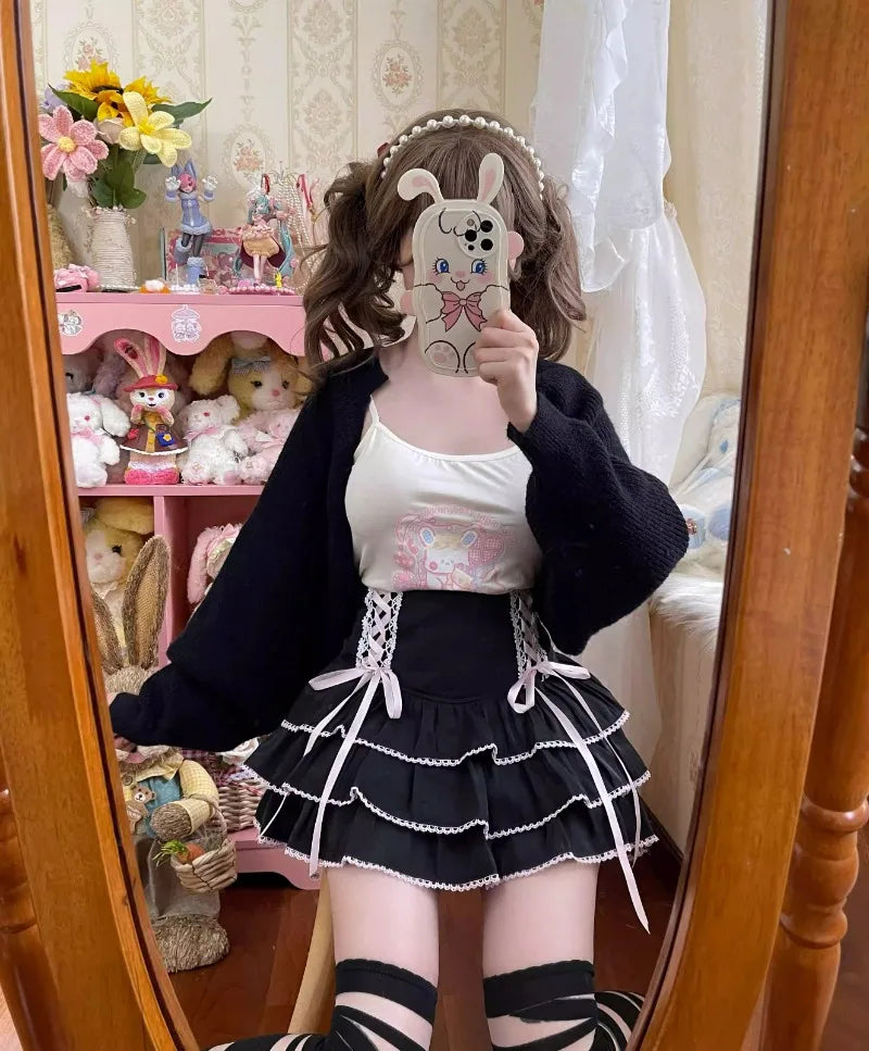 Japanese Kawaii Lolita Style Pleated Skirts Women High Waist Pink Bandage Fairy Y2k Aesthetic Skirt Cute Faldas Mujer Moda 2024.