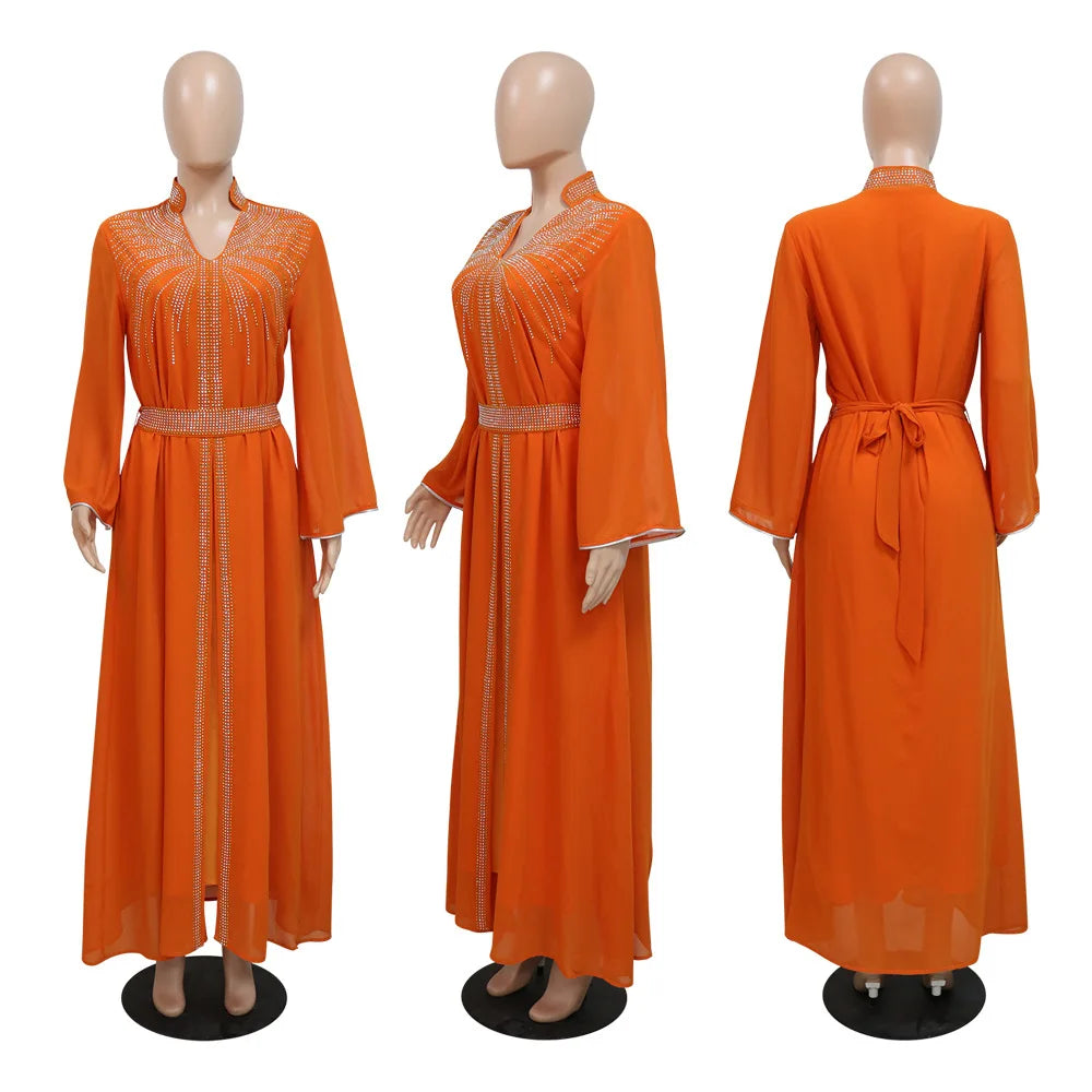 Marok kanis che Kaftan Frauen Mode Diamant mit Gürtel Chiffon Kleid Eid Ramadan arabische Robe Islam Luxus Party muslimische Kleider