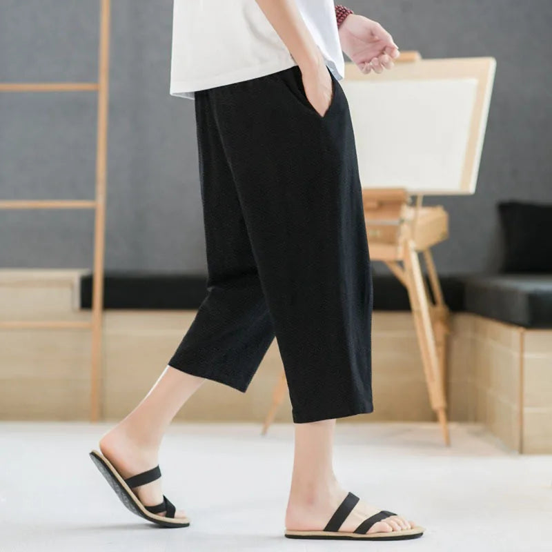 2025 new summer men's casual imitation linen seven quarter pants, thin solid color cut pants, fashionable hip-hop street sports.