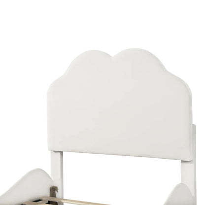 Kinderbett 90 x 200 cm hohes Geländer, Kinderbettgestell mit wolkenförmigem Kopf und Fußteil, Bett aus hautfreundlichem Samt