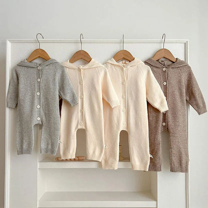 Herbst Winter Neugeborenen Baby Jungen Mädchen Gestrickte Overall Einfarbig Stricken Mit Kapuze Infant Baby Bodys Kinder Gestrickte Kleidung.