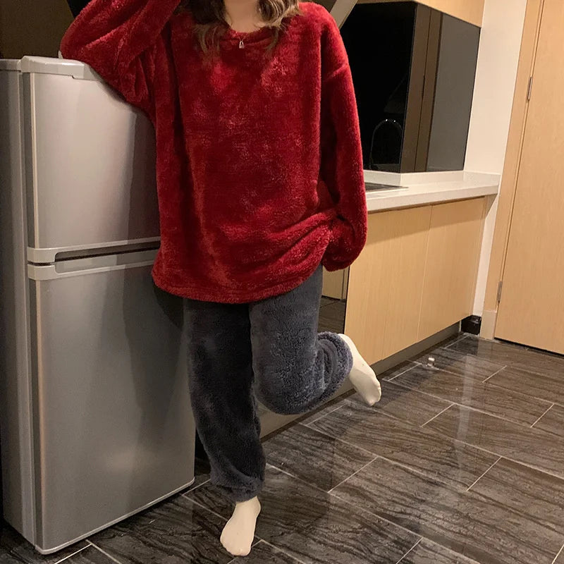 Winter Fleece Women Pajamas Set  Sleepwear Solid Velvet 2 Piece Pant Home Suit Fluffy Casual Warm Flannel Night Wear