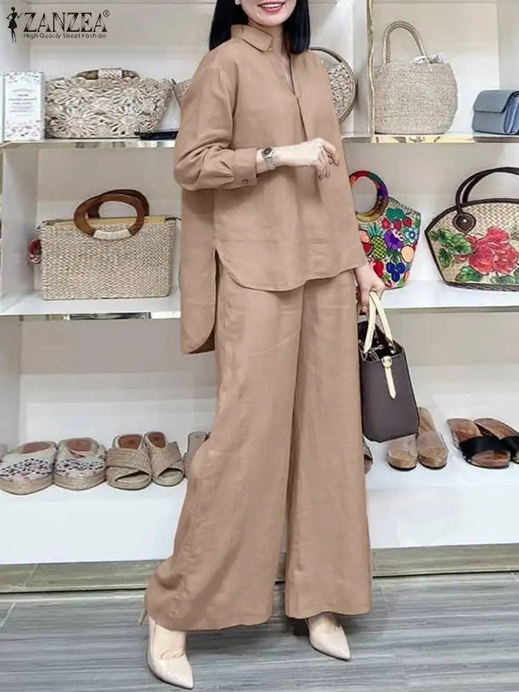 ZANZEA Fashion Women Casual Trousers Suits 2PCS Autumn Long Sleeve Blouse Solid Wide Leg Pants Sets Loose Work Tracksuit Outifit