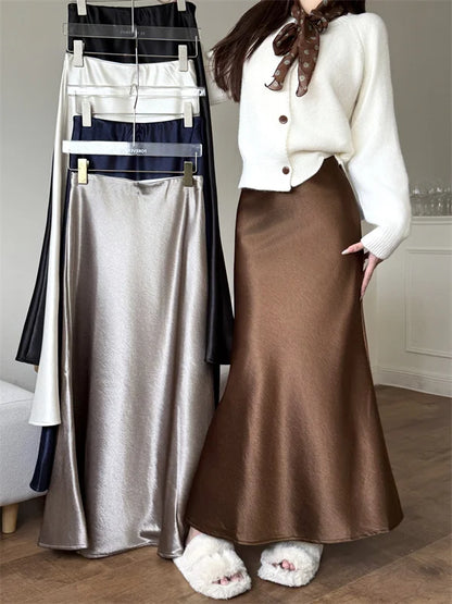 High Waist Women's Fleece-Lined Thickened Elegant Long Skirt Satin Mermaid Skirt Elegant Drapey Bodycon Skirt For Autumn Winter.