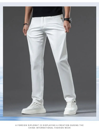 2024 New Summer Thin Men's Straight Denim Cotton Stretch Creamy-white Jeans Classic Business Pants Fashion Trousers Male Brand.