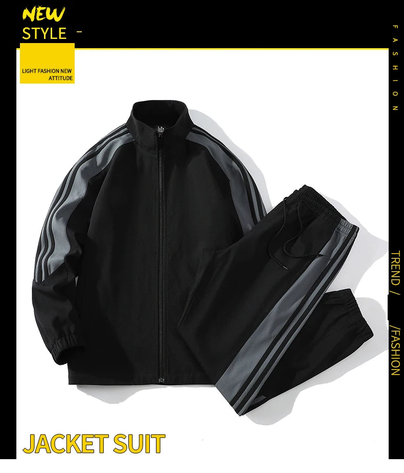 Sports suit men's  spring and autumn striped stand up collar jacket and pants paired with running and fitness two-piece set.