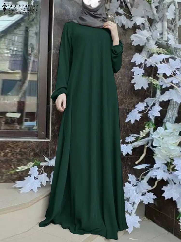 ZANZEA Muslim Women Summer Abaya Sundress Solid Islamic Clothing Marocain Vestido Robe Femme Fashion Long Sleeve Kaftan Dress.