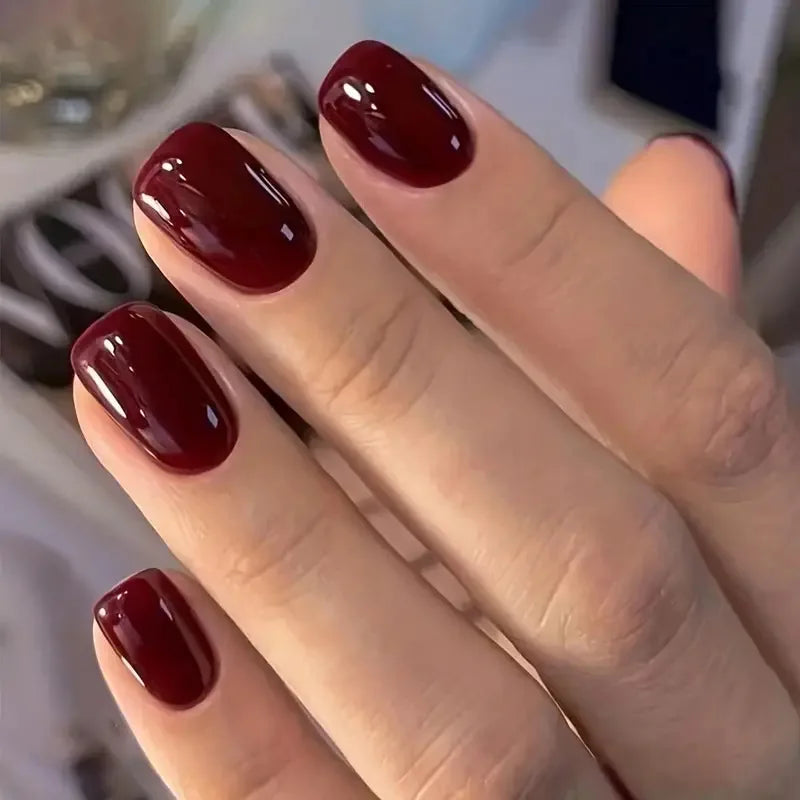24Pcs Solid Color Wine Red Design Press on Nail Short Square False Nails Simple Detachable Finished Full Cover Nail Tips.