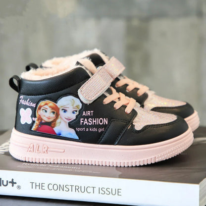 Disney Children Winter Ankle Snow Boots Cartoon Princess Elsa Frozen Pink Casual Shoes For Girls Warm Outdoor Shoes Size 26-37.
