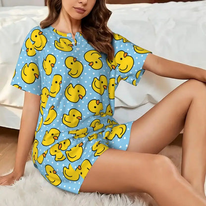 Benutzerdefinierte Frauen Gelb Klassische Gummi Ente Pyjamas Set Gedruckt Zwei-stück Pj Sets Kurzarm Nachtwäsche Loungewear