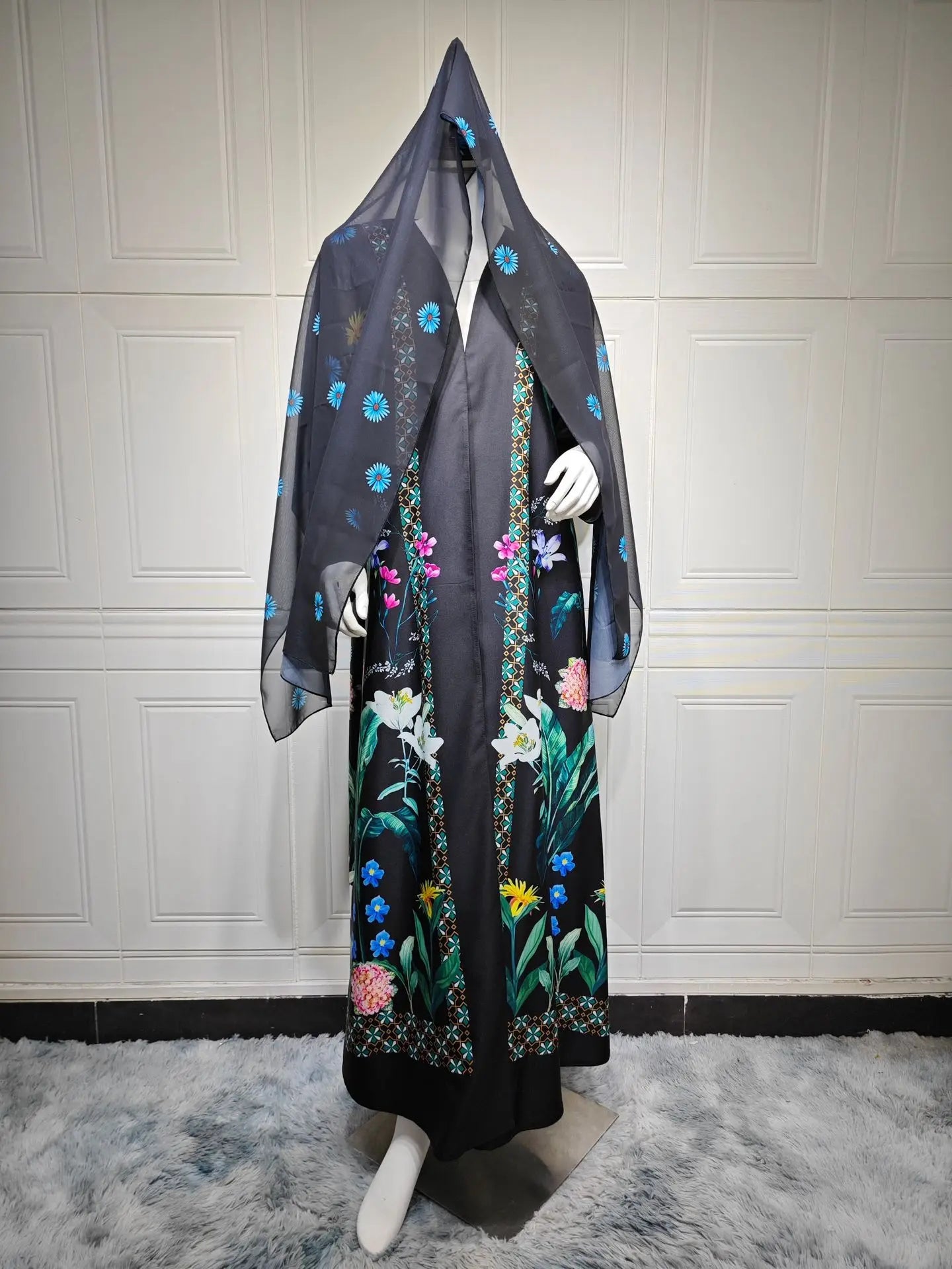 2025 Elegant Dubai Floral Print with Hijab Kimono Abaya Dress Luxury Saudi Arabia Muslim Women Islamic Middle East Turkey Robe