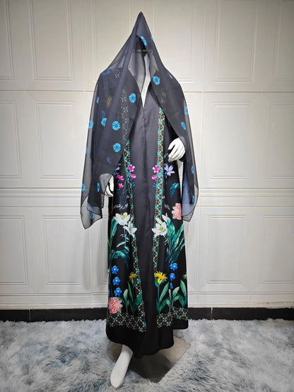 2025 Elegant Dubai Floral Print with Hijab Kimono Abaya Dress Luxury Saudi Arabia Muslim Women Islamic Middle East Turkey Robe