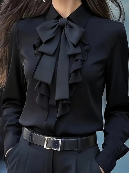 Autumn Solid Lace-up Bow Ruffled Shirt For Women Fashion Elegant Button Long Sleeve Casual Womens Tops And Blouses Women Clothes.
