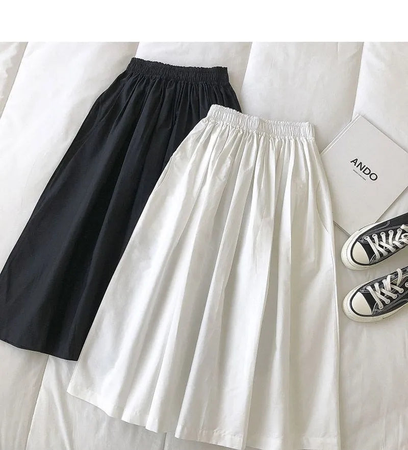 Women Black skirt midi High waist korean style Pleated a line Vintage Clothing 2025 new Summer Casual Fashion Ladies Work Wear.