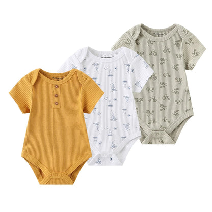 Kiddiezoom 3-teiliges modisches Sommer-Kurzarm-Cartoon-Baby-Body aus Baumwolle für Neugeborene, Jungen und Mädchen.