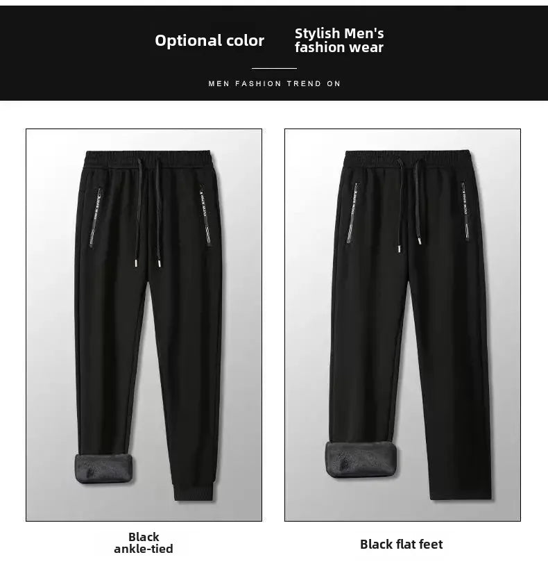 Autumn Winter Men's Loose-fit Casual Straight-leg Pants Fleece-lined Thickened Bunded Feet Sweatpants Trendy Male Style.