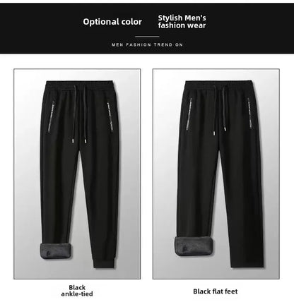 Autumn Winter Men's Loose-fit Casual Straight-leg Pants Fleece-lined Thickened Bunded Feet Sweatpants Trendy Male Style.