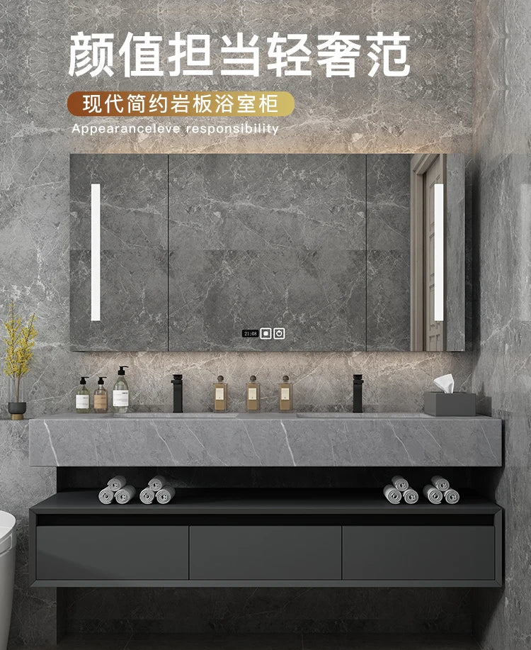 Leichter, luxuriöser Badezimmerschrank aus Steinplatten, integriertes Waschbecken, kombiniertes Waschbecken, WC-Waschbecken, nordischer einfacher Spiegelschrank