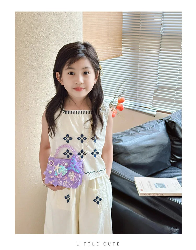 Lovely Sequin Girls Square Shoulder Bag Fish Tail Starfish Princess Crossbody Bags Bead Handle Children's Small Handbags Purse.