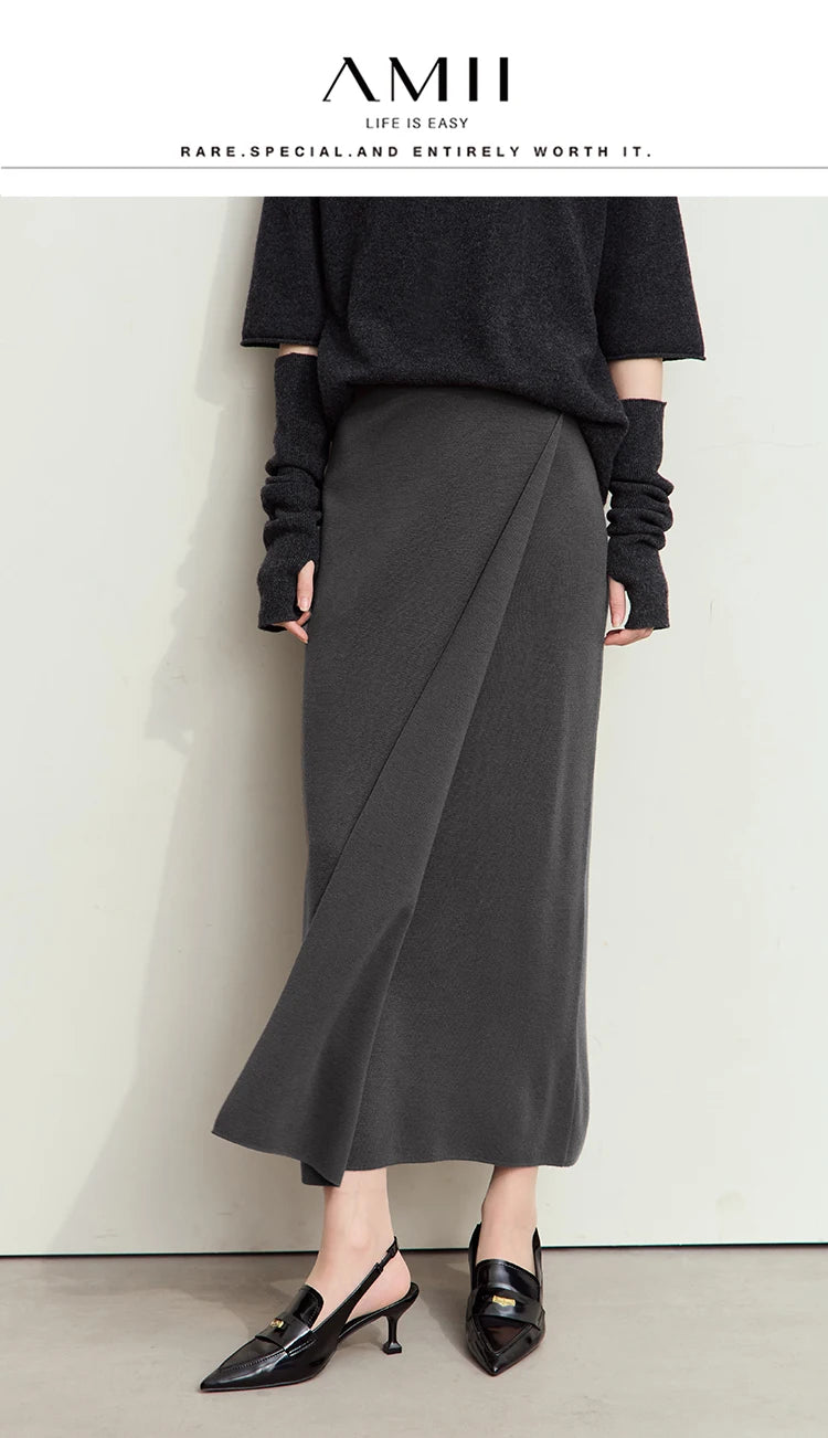 AMII Minimalist Elegant Basics Knitted Skirts for Women 2024 Winter New Elastic Waist Straight Lady Commuter Long Skirt 12443250.