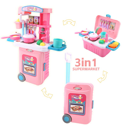 Mini 3-in-1 Kitchen Set Toy Kitchen Pretend Play Integrates Storage Boxes and Tableware Sets Portable Suitcase Cooking Kits Toys.