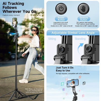 Auto Face Tracking Tripod Selfie Stick 360° Rotation Mount 1.63m Extendable Auto Tracking Phone Holder Tripod for iPhone Camera.