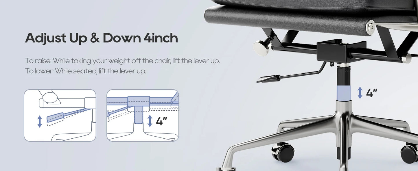 Verstellbarer Bürostuhl aus echtem Leder mit Lordosenstütze, Legierungsarmbasis, Chefsessel, ergonomische Schreibtisch-Computerstühle