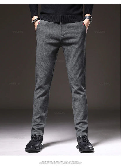Autumn Winter Men's Brushed Fabric Casual Pants Business Fashion Slim Fit Stretch Thick Gray Blue Black Cotton Trousers Male.