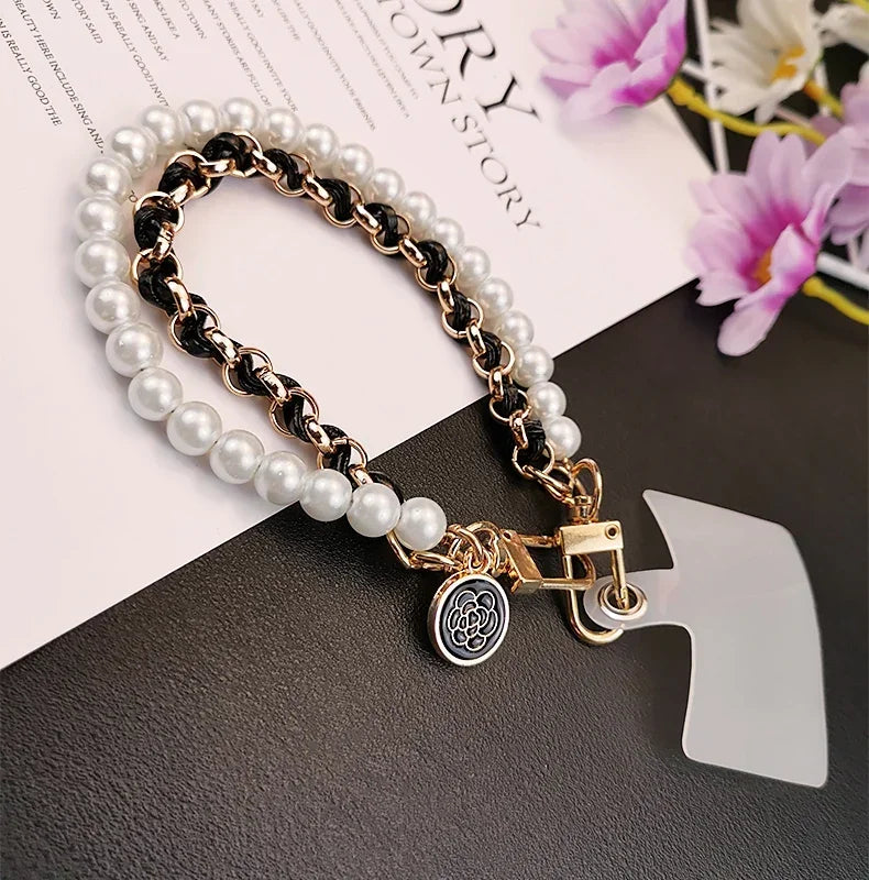 26cm Leather Pearl Camellia Mobile Phone Charm Bracelet Chain Anti-lost Universal Cell Phone Strap Rope Pendant Metal Key Chain.