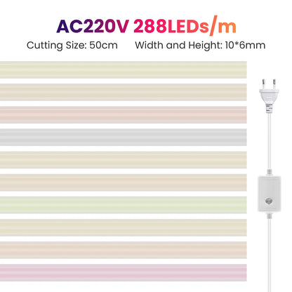 Dimmable COB LED Neon Light Strip 220V Dimmer Power Kit Waterproof 10 Colors 5m 10m 20m 30m 0.5m 288LEDs/m Flex Tube Lamp Decor.