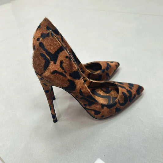Tikicup Sexy 12cm 10cm Leopard Hairy Grafitti Women Pointy Toe High Heels Design Slip On Stiletto Pumps Party Shoes Plus Size.