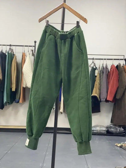 Autumn/Winter 150kg American Retro Cuffed Casual Trousers Men's Korean Slimming Patchwork Fleece-lined Harem Trousers Sweatpants.