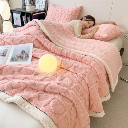Heart Pattern Coral Fleece Blanket Autumn Winter Double Layer Thicken Warm Plush Blanket for Bed Fluffy Soft Sofa Throw Blankets