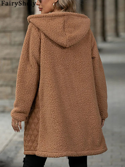 FairyShely 2025 Winter Solide Frauen Jacke Dicken Plüsch Mit Kapuze Warme Lange Hülse Langen Mantel Weiche Zipper Patchwork Strickjacke Dame Mantel.