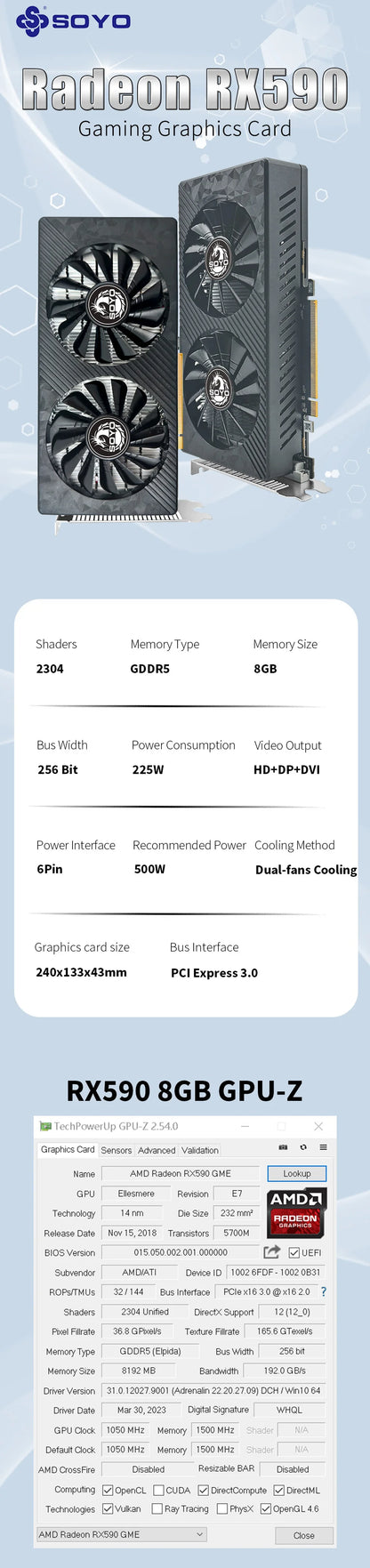 SOYO AMD RX 590 8GB Placa De Video Gaming Graphics Card GDDR5 256Bit PCI Express 3.0 ×16 6Pin Radeon GPU rx590 Series.