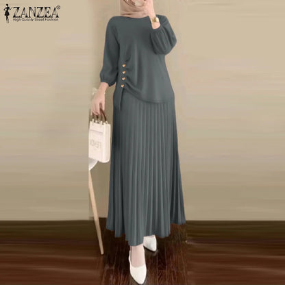 Fashion Muslim Sets Women 2PCS Outfits ZANZEA Elegant Long Sleeve Blouse Dress Suits Casual Solid Tracksuits Loose Matching Sets.
