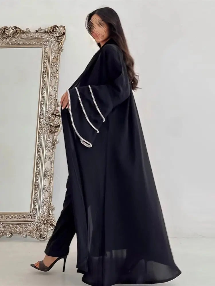 Eid Black Open Kimono Abaya Dubai Luxury 2024 Palestine Muslim African Dresses For Women Kaftan Dress Islam Robe Femme Musulmane.