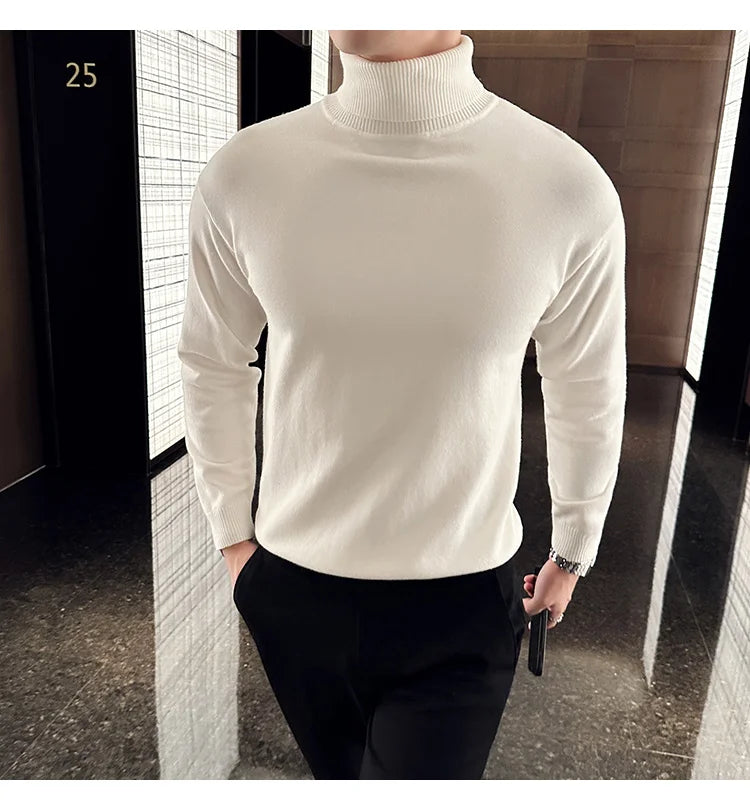 Korean Fashion Autumn Winter Sweaters Men Pullovers Fleece Turtleneck Knitted Sweatshirt Warm Bottoming Shirts.