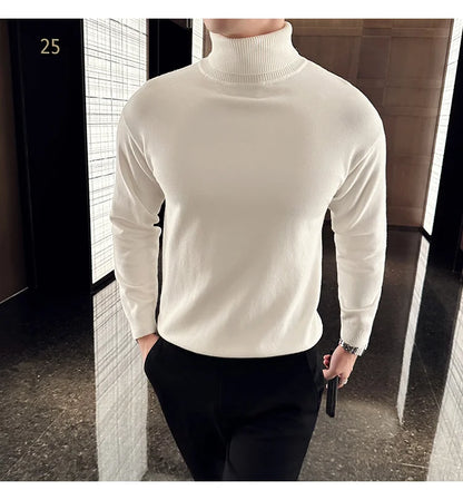 Korean Fashion Autumn Winter Sweaters Men Pullovers Fleece Turtleneck Knitted Sweatshirt Warm Bottoming Shirts.
