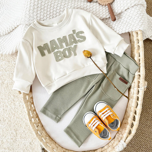 2025 Baby Jungen Kleidung MAMA'S JUNGE Sets Herbst Baby Mädchen Kleinkind Outfit Sweatshirt Top Hosen 2 Stücke Langarm Winter warme Säuglingsanzug.
