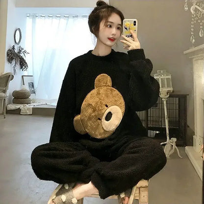 Thickened Warm Women Winter Two Pieces Set Flannel Homewear Pajamas O-Neck Loose Cute Cartoon Bear Ladies Sleepwear Loungewear.