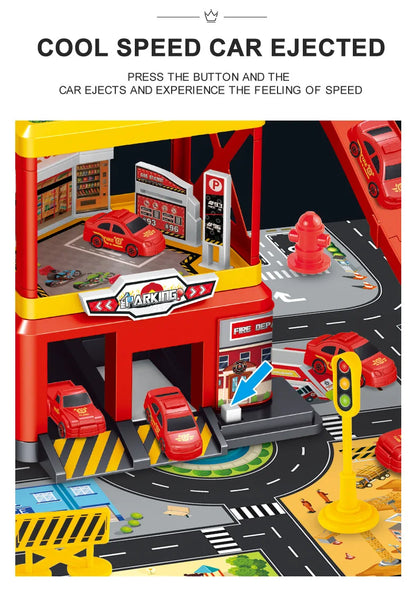 Garage Racing Track Sliding Car Parking Lot Toys Multi-Storey Car Parking Fire Police Engineering Mini Vehicle Toy for Boys Gift.